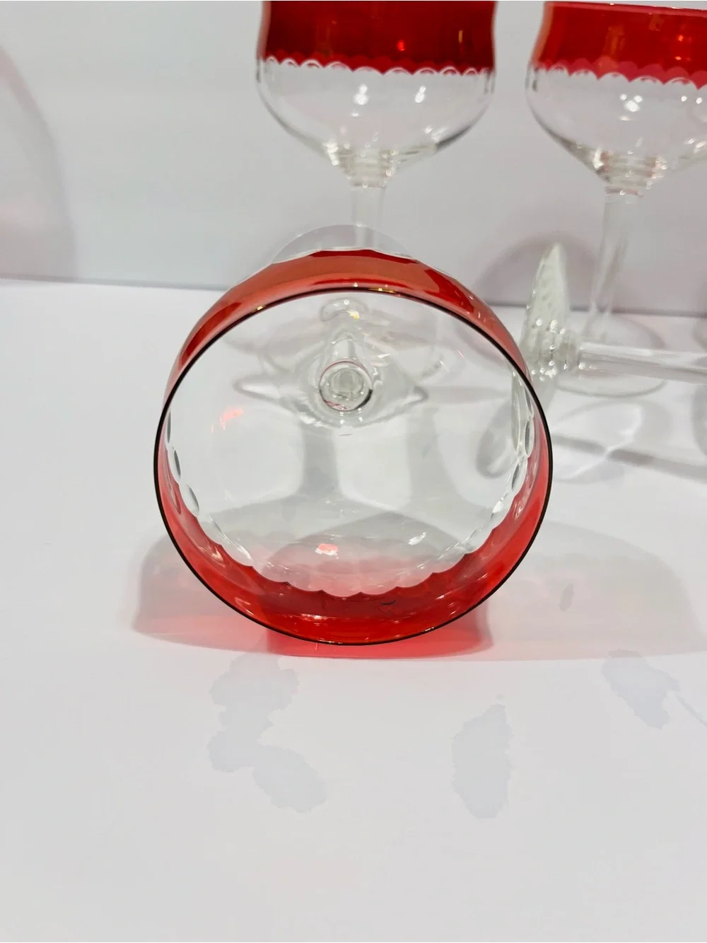 Vtg MCM Czech Thin Crystal  Cranberry & Cut Dots Set of 6 Coupe or Wine Glasses